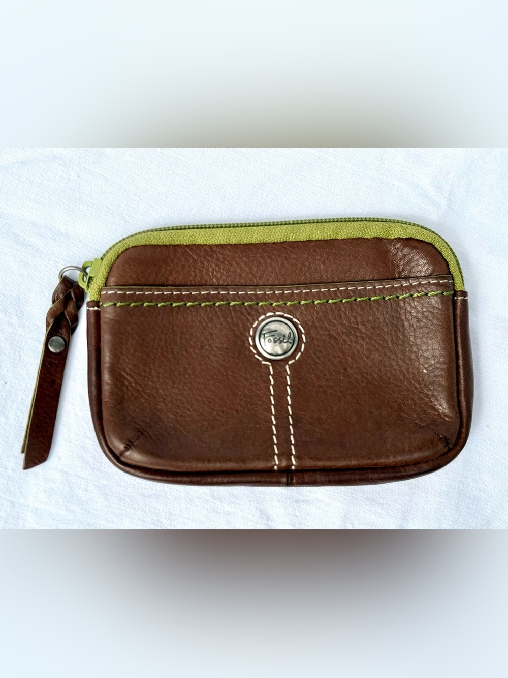 Fossil Brown Leather Zip Card Case with Lime green Trim